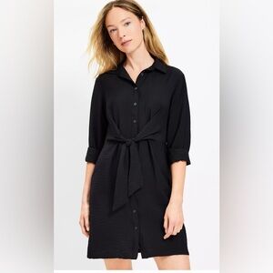 LOFT NWT Black Tie Waist Shirt Dress Button Front Long Sleeve Mini Size 8